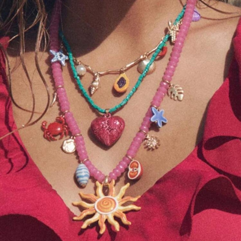 1pc Luxury Vacation Style Metal Crab, Shell, & Face Beaded Multi-Layer Necklace